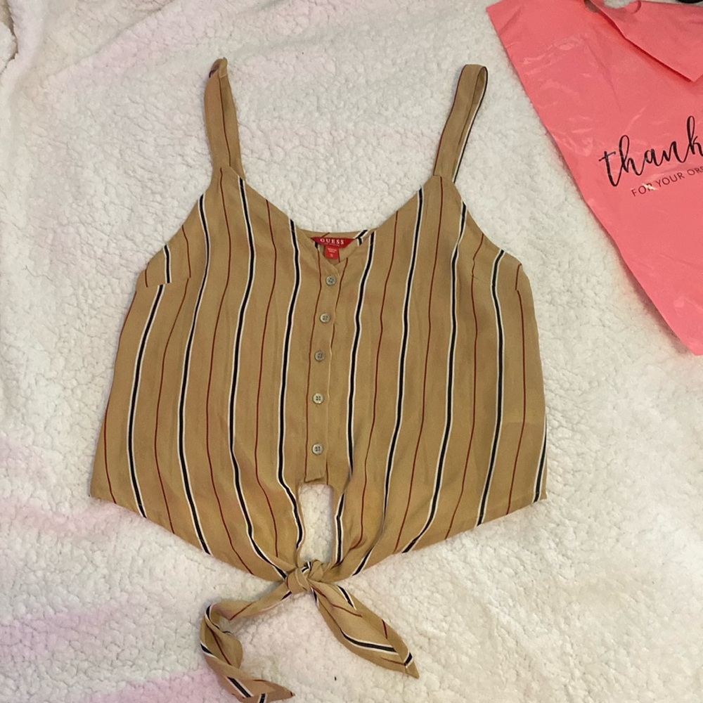 Tan Striped Guess Dress Tank Top Front Tie Button Up